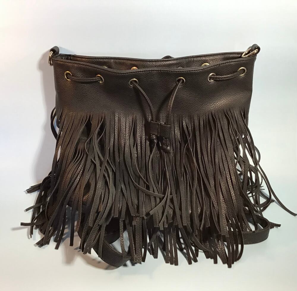 Bam Forever Black Pebbled Leather Fringe Backpack Handbag